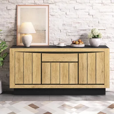 Zdjęcie produktu dla Komoda/szafka RTV Merax z 4 drzwiczkami i 1 szufladą, szafka do salonu o minimalistycznym designie, pojemna szafka z cichym domykaniem, wykonana z MDF i drewna, kolor: czarny