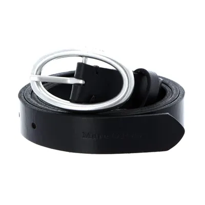 A black leather belt with a silver oval buckle is coiled on a white background.