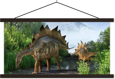Produktbild von MuchoWow® Textilposter Dinosaurier - Berg - Wald - Illustration - Jungen - Kinder - Kleiner Junge 150x75 cm mit schwarzem Rahmen - Posterleiste