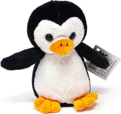 A plush penguin toy is shown against a white background.