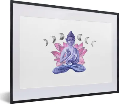 Produktbild von MuchoWow® MuchoWow® Gerahmtes Poster Buddha - Blumen - Mond 40x30 cm - Poster mit zchwarzem Bilderrahmen - Bilderrahmen - Poster im Rahmen