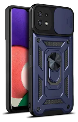 A blue phone case with a ring stand and camera cover is shown against a white background.