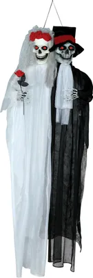 Produktbild von Skelett Brautpaar Hängefigur Halloween Dekoration Friedhof Gothic Dekoelement Horror Schädel Geisterpaar Gruselige Atmosphäre Party 185 cm, Farbe: Weiß / Schwarz