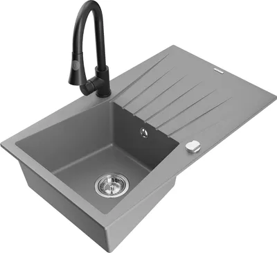 Produktbild von Mexen Cesar 1 Becken-Granitspüle mit Abtropffläche und Mischbatterie Elia, Grau - 6514-71-670101-70