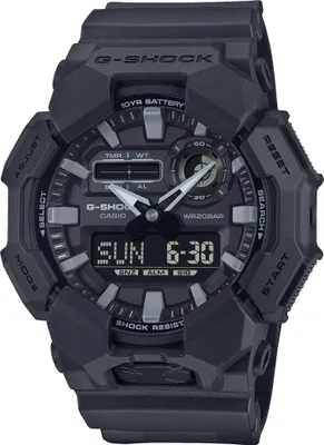 A close-up studio shot of a black G-Shock watch.