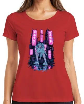 Zdjęcie produktu dla Koszulka damska z motywem anime, cyberpunk, neon, japoński streetwear, styl Y2K, dla fanów anime, kolor czerwony, rozmiar XXL