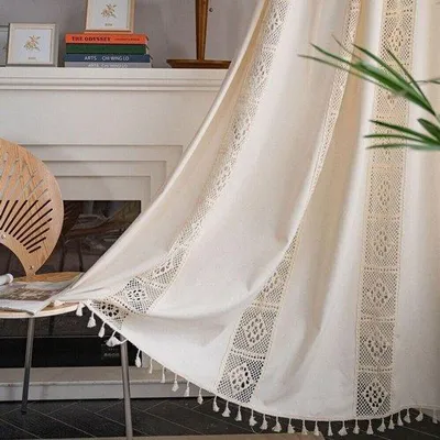 Immagine prodotto di Tenda in cotone e lino stile boho, a righe, opaca, beige, 150x280 cm