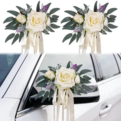 Produktbild von Autoschmuck-Set - Organza-Girlanden mit Rosen - Hochzeitsauto-Dekoration - 2-teilig Weiß