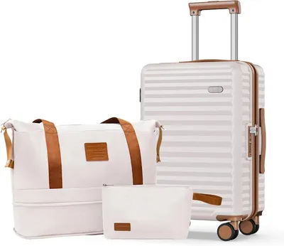 Produktbild von SHOWKOO Koffer Handgepäck Koffer +1 Reisetasche und Kulturbeutel Weiß Beige