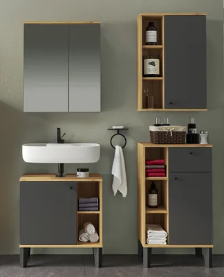 Produktbild von Badmöbel-Set 4-teilig mit Waschbeckenunterschrank 60 cm, Spiegelschrank, in Eiche mit grau OLEAN-61