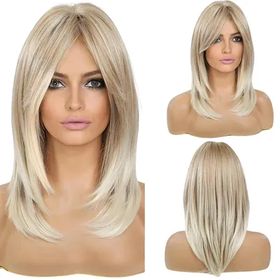 Immagine prodotto di Parrucca per donna, capelli veri, bionda, 48 cm di lunghezza, taglio medio, aspetto naturale ideale per l'uso quotidiano