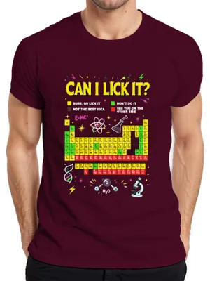 Immagine prodotto di Maglietta da uomo, colore bordeaux, taglia L, con scritta "Can I Lick It Science Chemistry Periodic Statement" (che potrebbe essere interpretata come "Posso leccarla? Scienza, chimica, affermazione periodica")