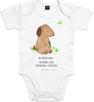 Produktbild von Mr. & Mrs. Panda Babystrampler Hund Kleeblatt 1. - 3. Monat - Heather Grey - Geschenk, Strampler Baby, overall, Glücksbringer, Liebe, body kurzarm, Glück, Gratis, Sprüche