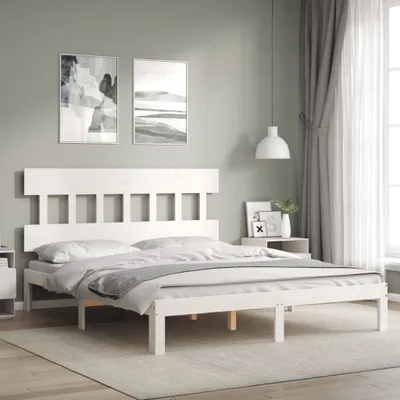 Zdjęcie produktu dla The Living Store Łóżko z litego drewna z zagłówkiem białe 160x200 cm