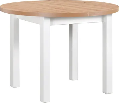 A round dining table with a light wood top and white legs, isolated on a white background.