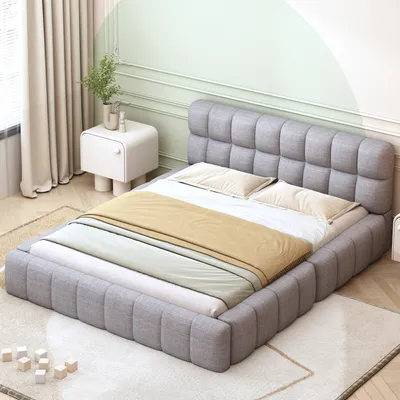 Produktbild von Flieks Polsterbett 140x200cm mit Lattenrost, Doppelbett Jugendbett Boxspringbett mit Kopfteil, Holzbett Klassische Bett Ehebett, Leinen, Grau