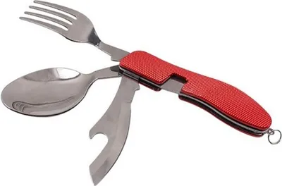 Produktbild von 4in1 Camping Besteck klappbar in Rot, Reisebesteck aus rostfreiem Edelstahl, Outdoor Besteck, Bundeswehr Feldbesteck