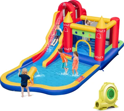 Produktbild von GOPLUS Hüpfburg mit 680W Gebläse, Trocken-/Wasserrutsche mit Rutsche, Basketballkorb, Kletterwand, Boxscheibe, Planschbecken, Ballgrub & Hüpfhaus, Aufblasbare Burg für Kinder 3-10 Jahre