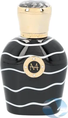 A black perfume bottle with white wavy stripes and a gold cap.