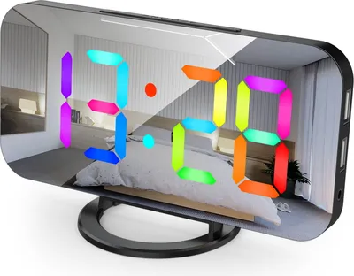 Produktbild von Digitaler Wecker mit dynamischem RGB-Licht, dimmbare Helligkeit, einstellbare Schlummerfunktion, USB-Ladeanschluss, Spiegeluhr, 12 Stunden/24 Stunden, fuer Schlafzimmer, Heimbuero, Wandmontage