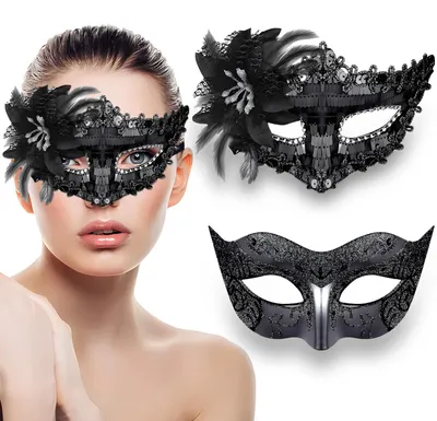 2 venezianische Masken, schwarz, für Karneval & Maskerade