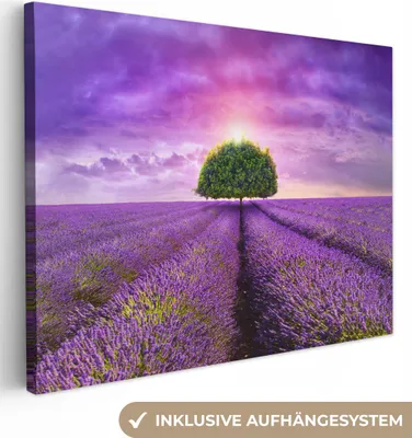 Zdjęcie produktu dla MuchoWow® - Obraz na płótnie - Lawenda - Drzewo - Fiolet - Chmury, fototapeta, dekoracja ścienna, obrazy do salonu, 120x90cm