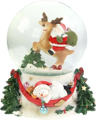 Produktbild von Schneekugel mit Spieluhr und Weihnachtsmann/Rentier – 14,5 cm Höhe, mit Schneeflocken-Effekt und Weihnachtsmusik, zum Aufziehen
