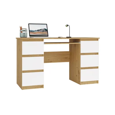 Zdjęcie produktu dla Biurko Dąb Artisan / Biały 130 cm 6 Szuflad
