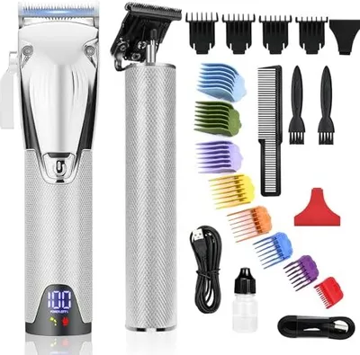 Productafbeelding van Professionele baardtrimmer voor heren, draadloos, met roestvrijstalen mes, 6000 omwentelingen per minuut, LED-display, oplaadbare batterij van 2500 mAh / 1200 mAh