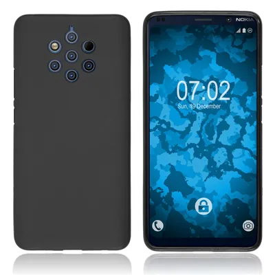 A product shot showing the front and back of a black phone case on a white background.