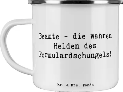 Produktbild von Mr. & Mrs. Panda Emaille Tasse Spruch Beamtin Heldin - Weiß - Geschenk, personalisierte Geschenke, Teetasse, für Berufstätige, Anerkennung, Pott, Berufsprodukte, Kollegin