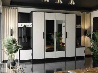 Image de KIER FURNITURE Armoire, blanche + simili cuir noir - 312,8 x 205 x 39 cm