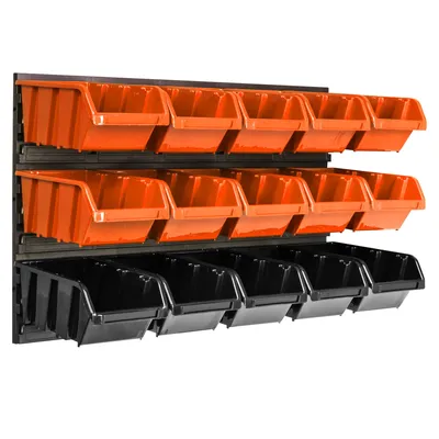 Image de Panneau à outils mural 58 x 39 cm avec 15 pcs. Boîte à suspendre Boîtes en plastique orange et noir