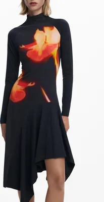 Produktbild von Elegantes Schwarzes Damenkleid: Langarm mit Stehkragen & Details