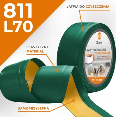 Zdjęcie produktu dla QUEST Listwa przypodłogowa PCV 70x20mm, 25m, samoprzylepna elastyczna, miękka listwa podłogowa, cokołowa, zielony