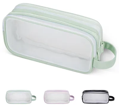 Produktbild von Großes, transparentes Federmäppchen mit 2 Fächern für Erwachsene, Mädchen und Jungen, mit Reißverschluss, Schul-Federmäppchen – grün