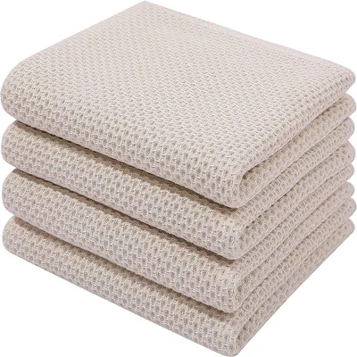 Produktbild von MODFU Geschirrtücher 4er Set 100% Baumwolle 34 x 73 cm, Weiche Geschirrhandtücher Küchenhandtücher Saugfähig Küchentücher Dicke Premium Geschirrtuch Spüllappen Putzlappen Cremeweiß