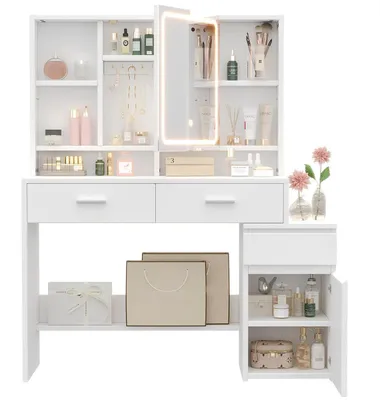 Image de Table de maquillage avec éclairage LED et miroir, 3 tiroirs, un placard, des étagères réglables, de couleur blanche
