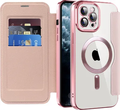 Obrázek produktu pro Pouzdro pro iPhone 11 Pro Max kompatibilní s MagSafe, průhledné pouzdro s držákem karet, kožené pouzdro s ochranou kamery Růžový