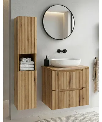 Produktbild von Badmöbel-Set 3-teilig mit LED-Spiegel & 60 cm Waschtisch in Eiche, gerillte Front, Baumkantenoptik - NEWPORT-56-EVOKE