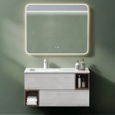 Produktbild von Mai & Mai Badmöbelset 100x48x54cm - Mineralgusswaschbecken und Unterschrank mit 2 Schubladen in Khaki und Grau inkl. LED-Badspiegel Gemini