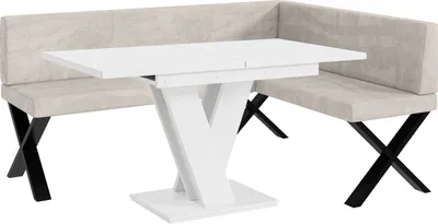 Produktbild von MEBLINI Eckbank für Esszimmer mit ausziehbarem Tisch  - Küchenbank - Essecke - Sitzecke Küche - TONI - X-Beine 128x168x87cm Rechts - Beige Samt/M Weiß Matt