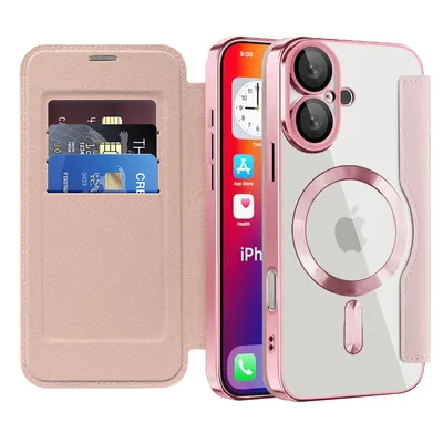 Produktbild von Klapphülle für iPhone 16 Kompatibel mit Magsafe, Klar Überzug Kartenhalter Ledertasche mit Kameraschutz Pink