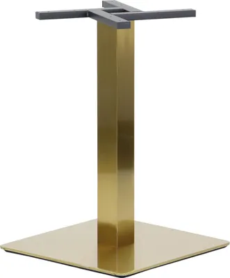 A table base with a square gold-colored base and a gold-colored rectangular column, topped with a gray crossbar for attaching a tabletop.