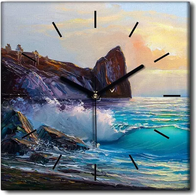 Produktbild von Coloray Uhr auf Leinwand 30x30 cm Wand Uhr Dekoration Wohnzimmer Segeltuch schwarze Hände -Berge Abstraktion Wellen
