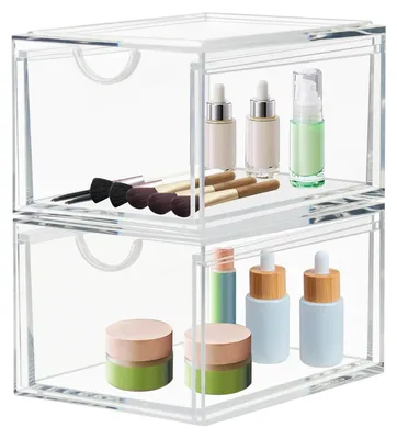 Produktbild von Set aus 2 stapelbaren Schubladen für Kosmetikartikel, transparenter Make-up-Aufbewahrungsorganizer aus Acryl, Aufbewahrungsschalen aus Kunststoff, Kosmetiktabletts