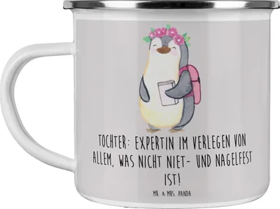 Produktbild von Mr. & Mrs. Panda Haferl Tochter Expertin - Grau Pastell - Geschenk, Dankeschön, Freude, becher emaille, Chaos, Liebenswert, liebevoll, Teetasse, Kaffeepott, Tasse, Pott