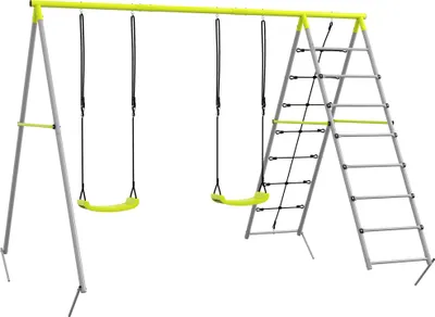 Produktbild von Kinderschaukel-Set, mit Kletternetz und Sprossenleiter, für Kinder 3-8 Jahre, Stahlgestell, Grün