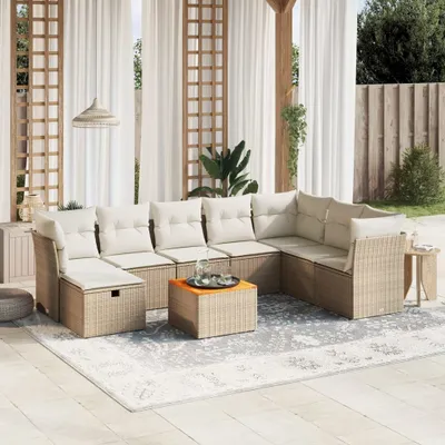 Produktbild von Design 9-tlg. Garten-Sofagarnitur mit Kissen Beige Poly Rattan, Gartenmöbel-Sets 2024 Neu