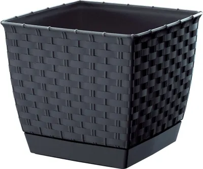 A black square planter with a woven texture and a matching saucer, isolated on a white background.